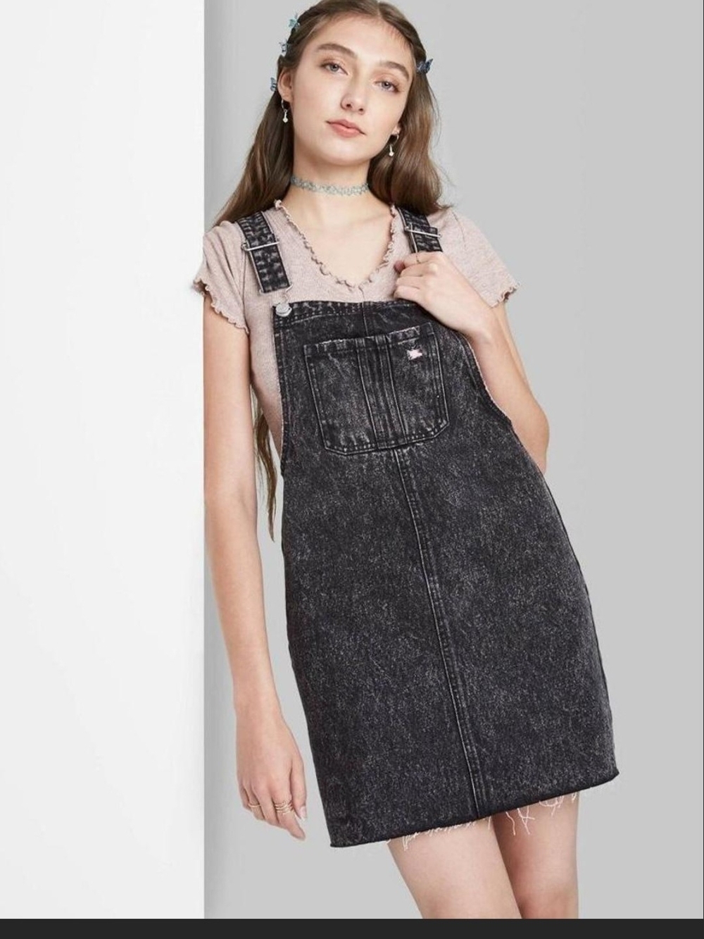 wild fable Washed Black Denim Overall Dress
